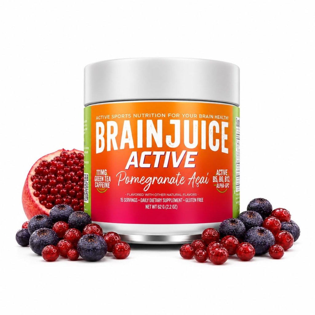 BrainJuice Nootropics Brain Support Supplement, Gluten Free Powder for Energy and Focus, Drink Mix with L Theanine, Alpha GPC, Vitamin B, Organic Green Tea Extract (Active Pomegranate Acai)