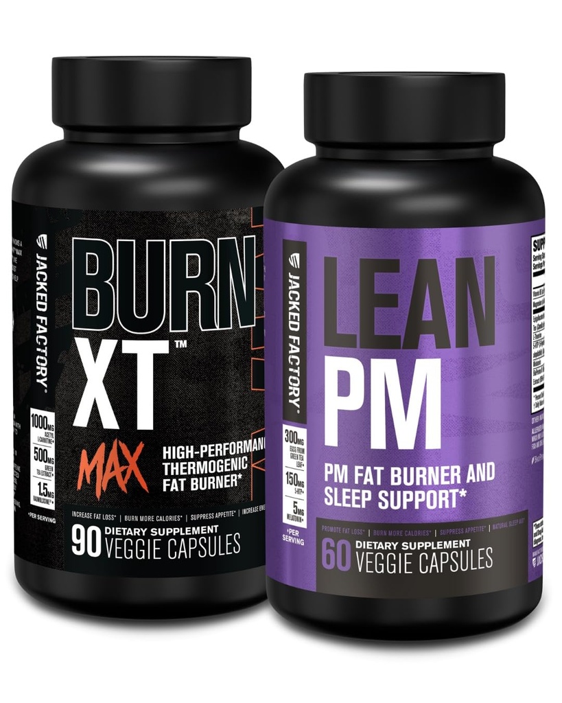 Jacked Factory 24/7 Fat Burner Stack - Burn XT MAX 高性能 Fat Burner (90 Capsules) - Lean PM 夜间睡眠支持 体重损失和Appetite 抑制(60 Capsules)