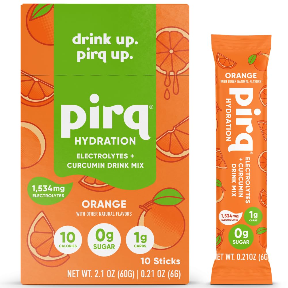 Pirq Hydration - Orange - Hydration Powder Packets | Electrolyte Drink Mix | Curcumin | B Vitamins | Zero Sugar | Keto Friendly | 10 Sticks