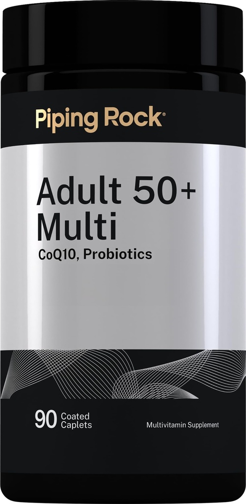 Piping Rock Multivitamin for Adults 50 Plus | 90 Caplets | with CoQ10 & Probiotics | Vegan, Non-GMO, Gluten Free Formula