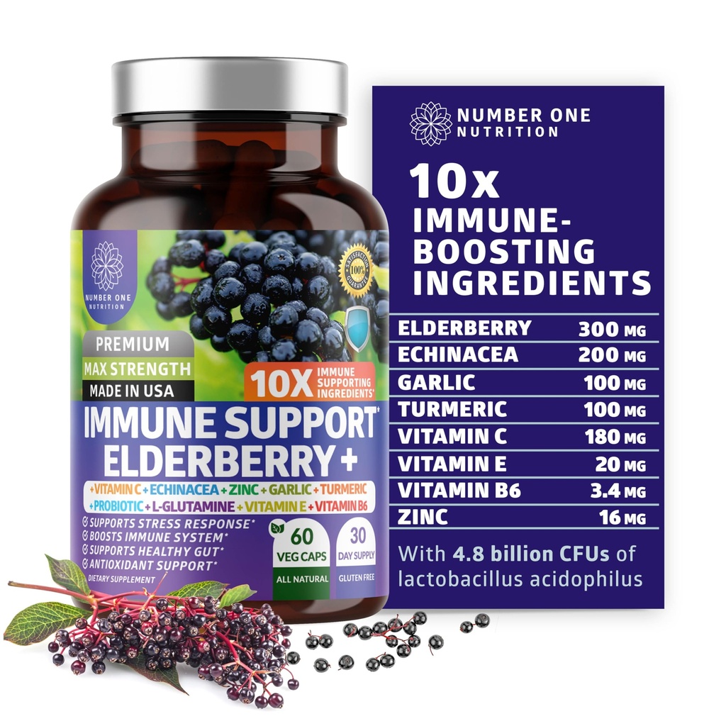 预选10 in 1 Imune支助补编 [10 Potent Infements],配有长老莓、维生素C、Echinacea、锌和免疫支助的Probiot、Gut健康和更好的消化、60个Veg Caps