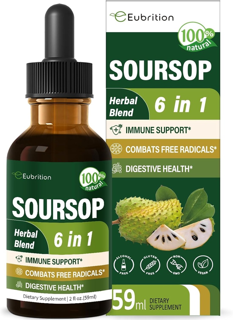 Soursop(Guanabana) 叶片和水果提取滴用于免疫系统支持, Soursop 位点液体用于消化健康, Graviola Supplement Plus Reishi & Vitamin B6, 富营养素. 2OZ (英语).