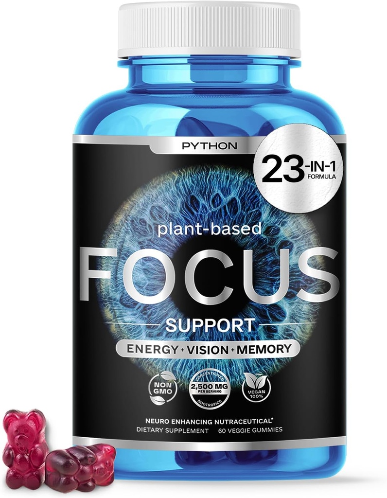 Python Focus - Nootropic Brain 补充 - 增强记忆,浓度和认知功能 - 60 Vegan Chews with Lions Mane, Lutein & AREDS 2 维生素