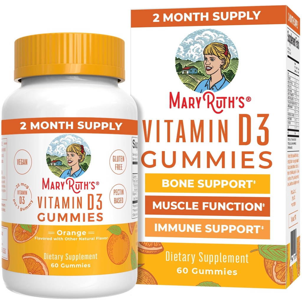 MaryRuth 有机体 维生素 D3 Gummys → 2个月供应 → 成人与儿童 维生素 D Gummy → 免疫支持补充 → VIT D3 1000IU 骨质健康与肌肉功能 → Vegan → Non-GMO → Gluten Free → 60