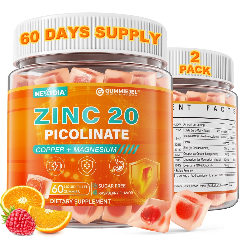 Zinc Picolinate Gummies + Copper, Magnesium, Methylated B Complex, CoQ10 for Women Men, High Absorption Chelated Zinc Copper Bisglycinate Supplements Immune Support Gummy - Sugar Free, Vegan, 120ct