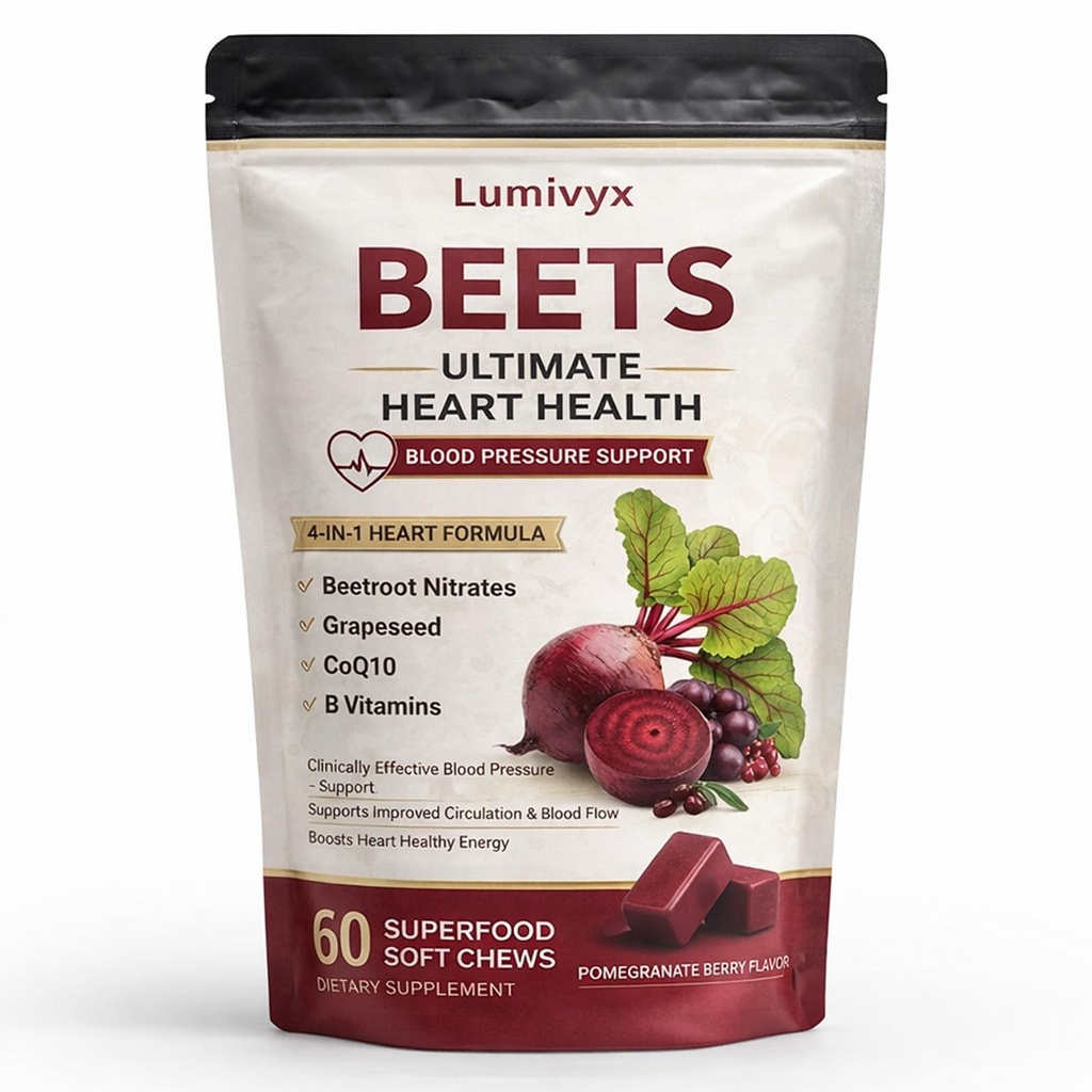 Beet Root Chews - Nitric Oxide Supplement with 500mg Beetroot, 100mg CoQ10 & 150mg Grape Seed Extract - Supports Healthy Circulation & Natural Energy - Pomegranate Berry Flavor, 60 Chews