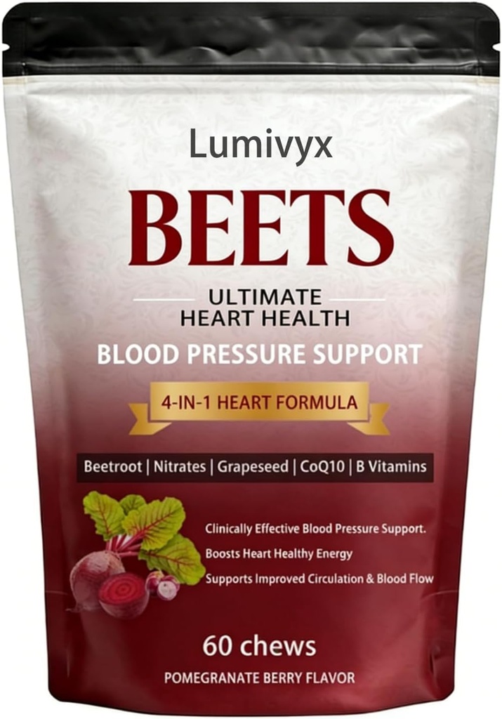 Beet Chews the 3-in-1，Riveton Beet Chews，with 500mg Beetroot, 100mg CoQ10 & 150mg Grape Seed Extract，60 Count