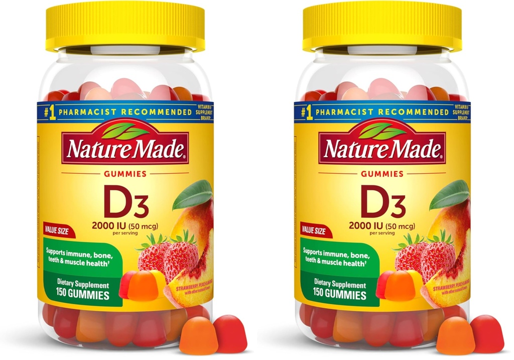 Nature Made Vitamin D3 2000 IU Per Serving Gummies,Bone,Teeth,Muscle and Immune Health Support,75 Day Supply,150 Vitamin D Gummies for Adults,(Pack of 2)