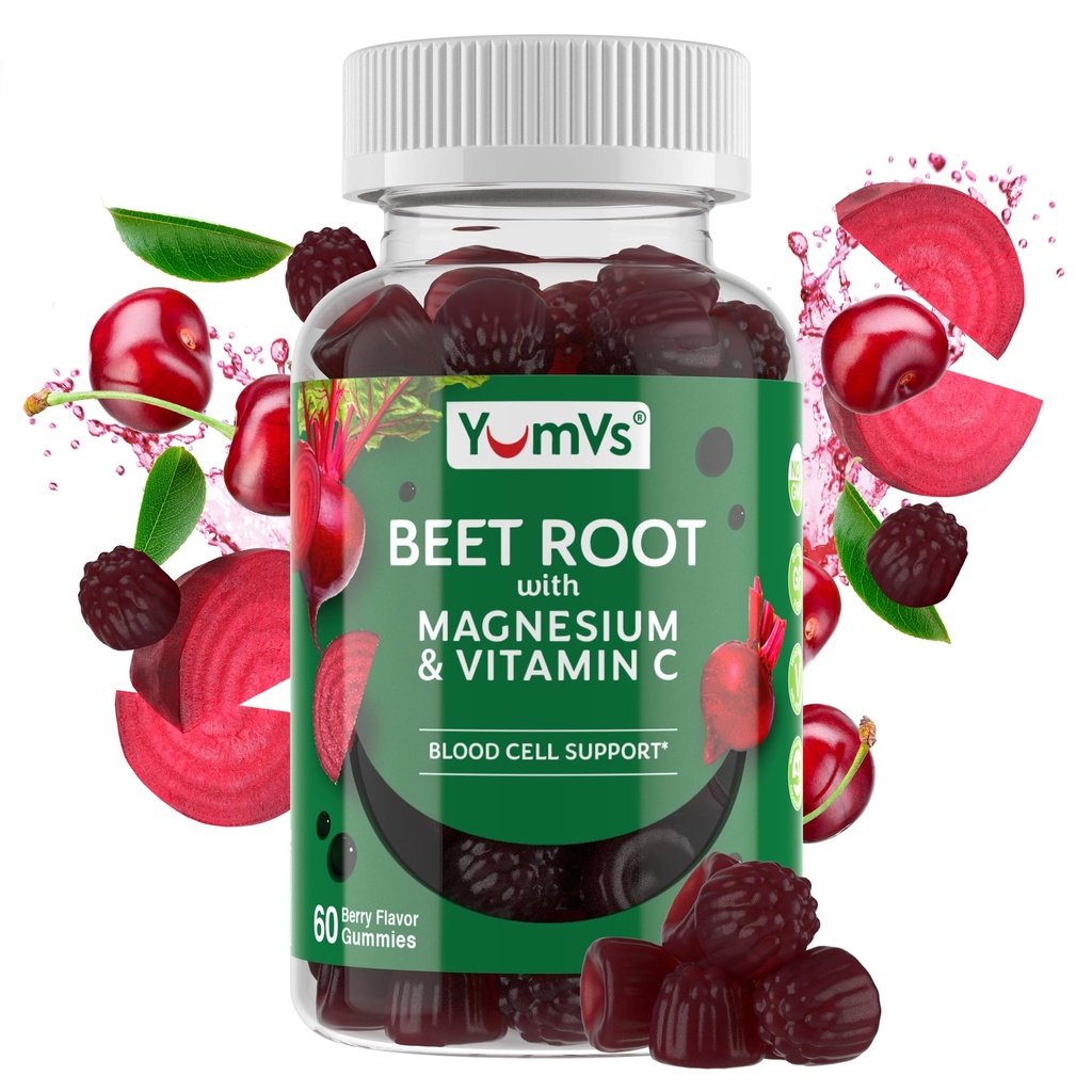 YumVs Beet Root Gummys配有镁和维生素C-Berry Flavor Beetroot Gummys-Bet Chews配有血液循环和抗氧化剂支持-红蜂Gummy-Berry 60 Count (Pack of 1).
