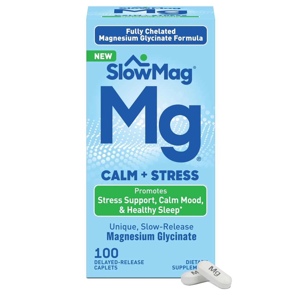 SlowMag Magnesium Glycinate Caplets, 100 Count, Slow-Release, Calm & Stress Support, Healthy Sleep, Gentle on Stomach, Chelated Magnesium Glycinate Supplements for Women & Men