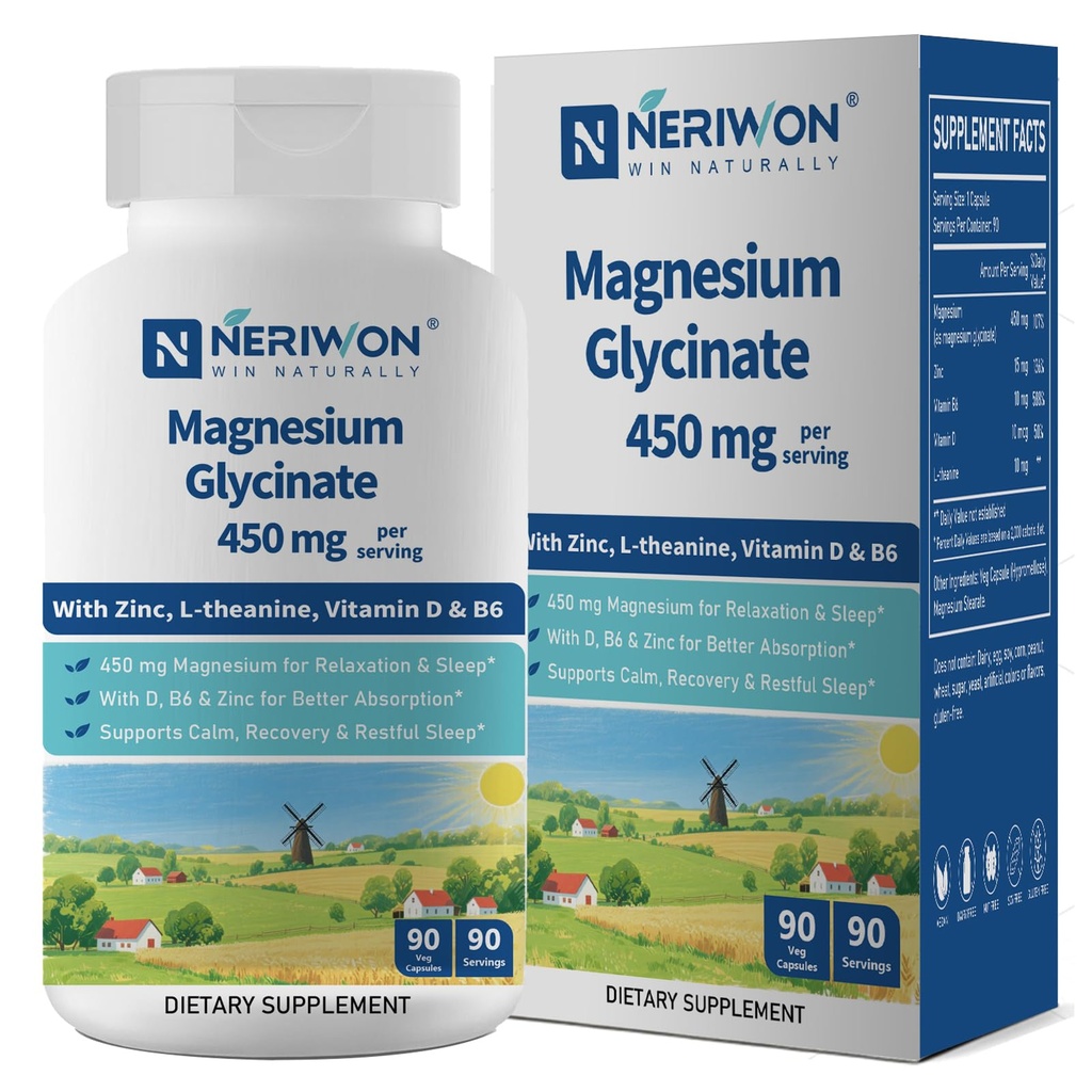 High Absorption Magnesium Glycinate 450 mg for Sleep Support, Muscle Relaxation & Immune Health, Non-GMO, Gluten Free, 90 Veggie Capsules