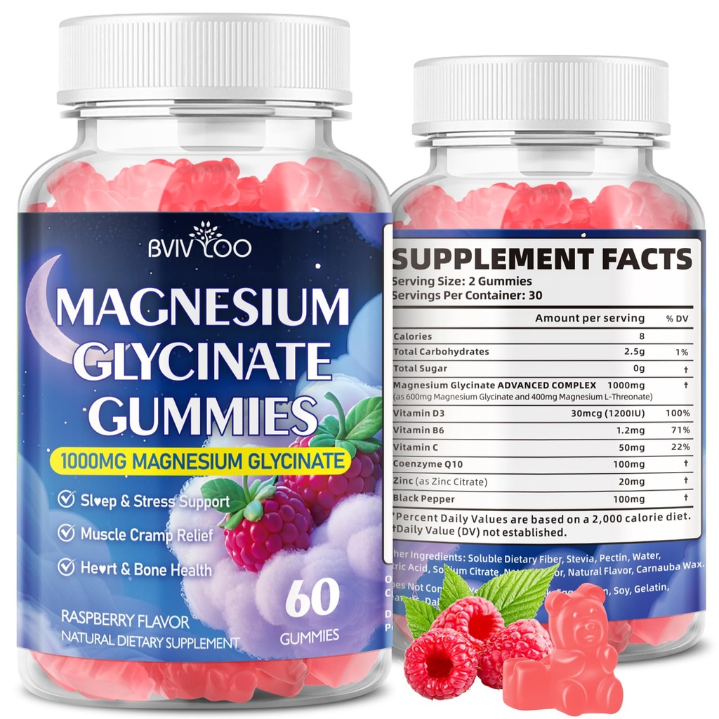 Magnesium Glycinate Gummies 1000mg with L-Threonate, Vitamin D, B6 & CoQ10 - Supports Memory, Calm & Mood - Sugar-Free Raspberry Flavor - 60 Count
