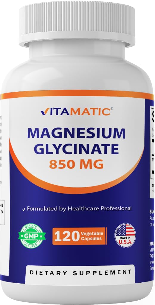 Vitamatic Magnesium Glycinate 850 mg (High Potency) – Supports Muscle, Nerve & Heart Health – 120 Veg Capsules – Non-GMO, Made in USA