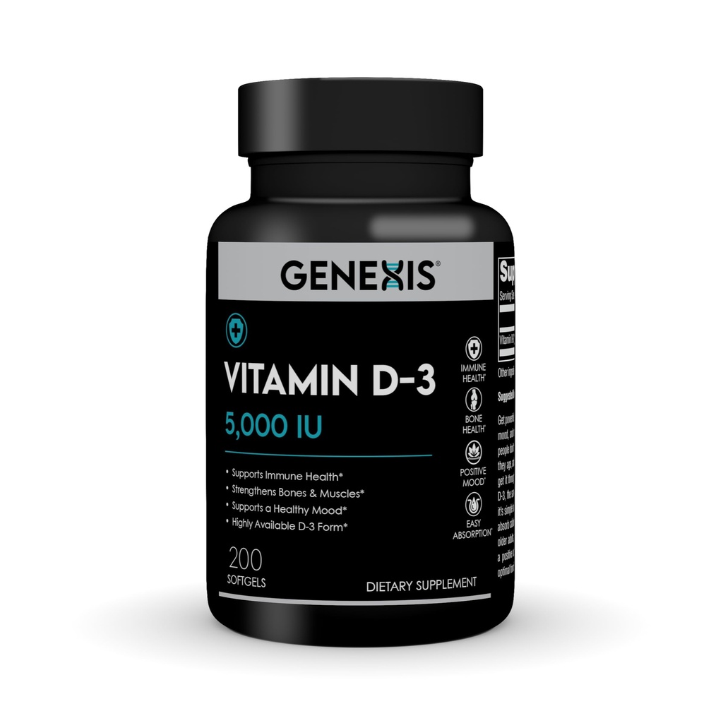 Genexis Vitamin D3 5000 IU (125 mcg) Softgels – 200 Count – High Potency Cholecalciferol for Immune Support, Bone & Muscle Health, Mood Support – Easy-to-Absorb in Olive Oil – Non-GMO, Gluten Free
