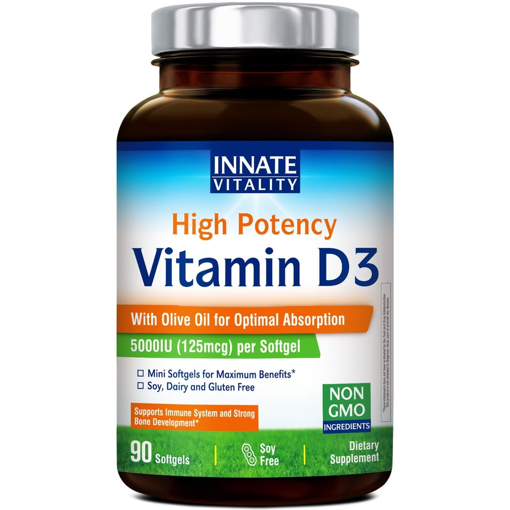 Innate Vitality Vitamin D3 5000 IU (125 mcg), High Potency Vitamin D for Bone, Teeth, and Immune Health Support, Non-GMO, No Soy or Gluten, in Olive Oil, Mini Softgels, 90 Count