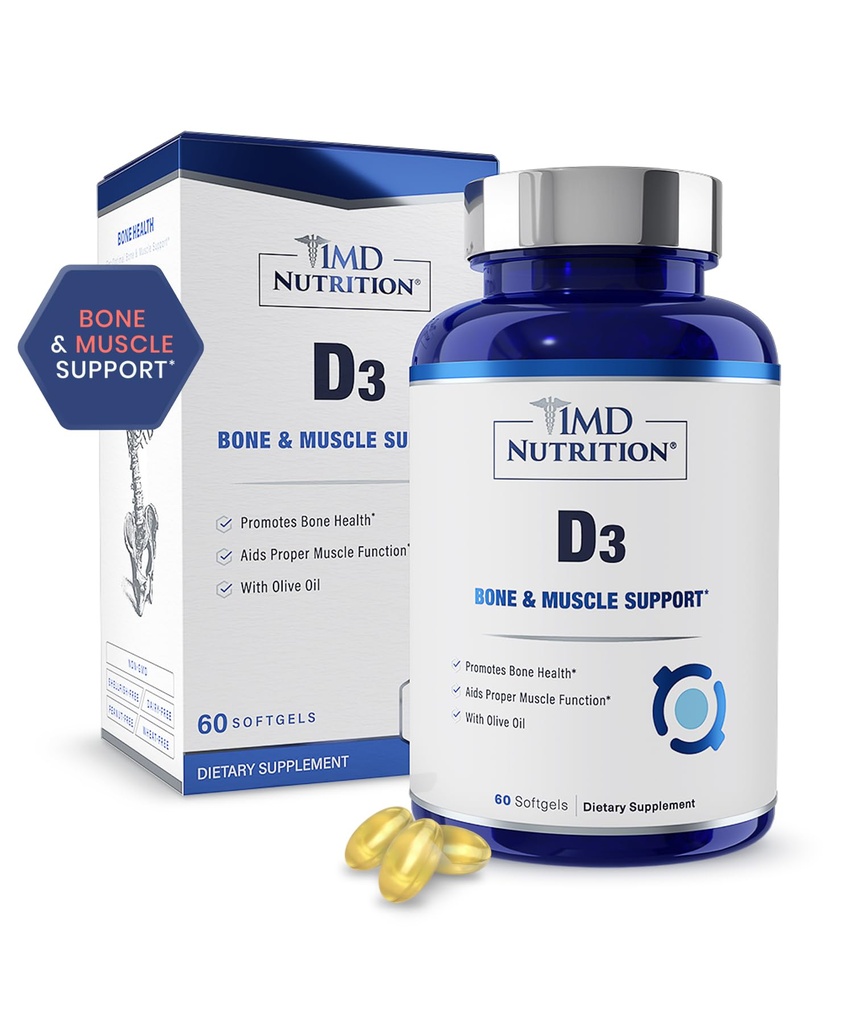 1MD Nutrition Vitamin D3 5000 IU Softgels | Bone Health, Muscle Function, & Immune Support | Wheat Free and Non-GMO with Olive Oil | 2-Month Supply