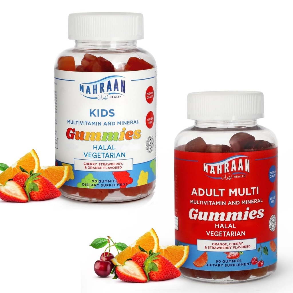 Halal Vitamins for Kids & Halal Multivitamins Gummies for Adults - Multivitamins A, C, D, E, B6, B12 - Non-GMO Vegetarian Halal Gummies - 90 Count Each