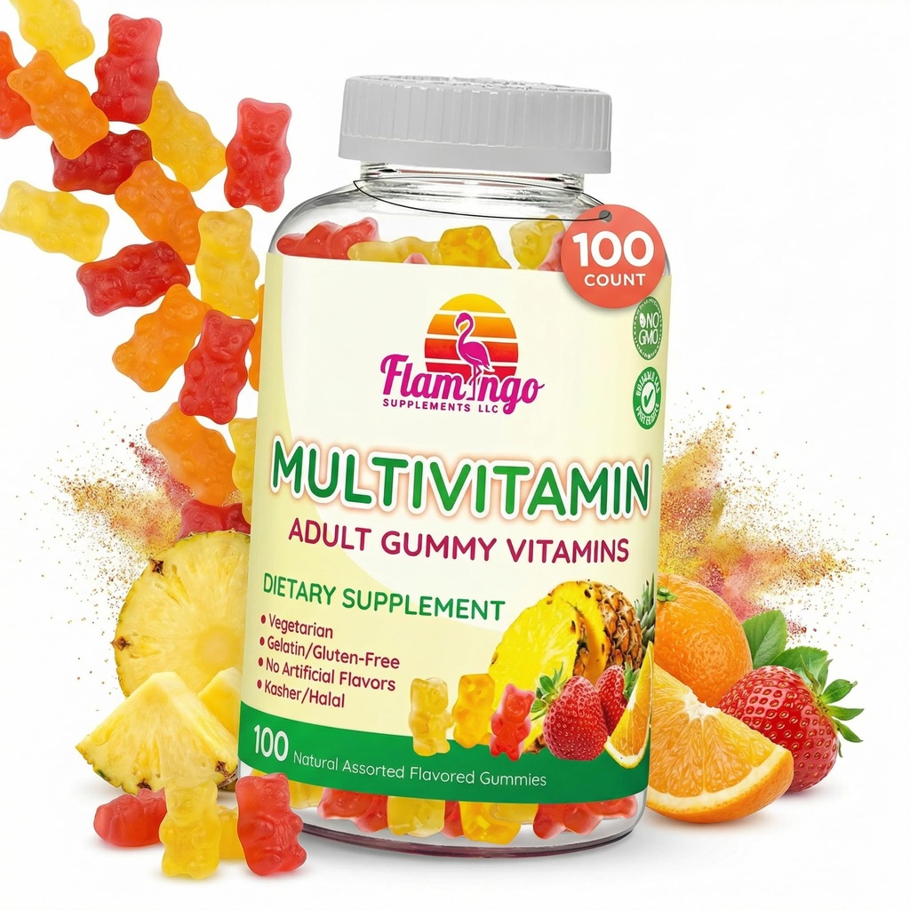 Flamingo Supplements Multivitamin Gummies | Vegan Friendly, Kosher Halal NO Gluten or Gelatin, no GMO| for Men, Women & Kids| 3 Natural Flavors | Vitamins C, B3, B12, Biotin, Zinc & More| 100 Gummies