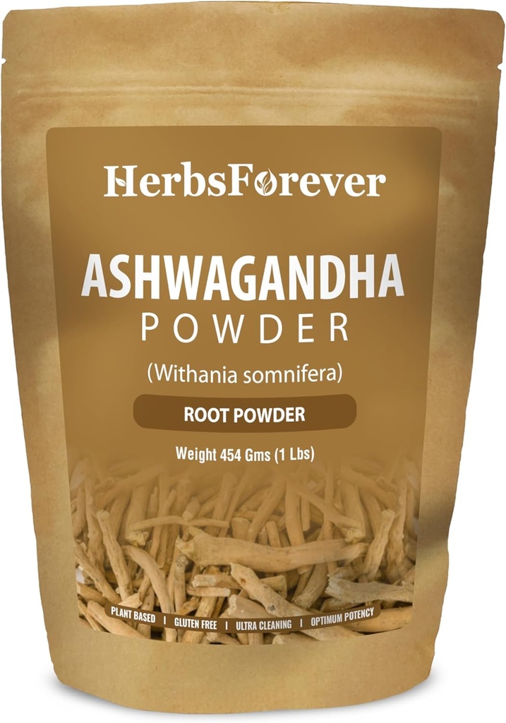 HerbsForever Ashwagandha Root Powder 454g I Winter Cherry, Non-GMO, Vegan, Gluten-Free I Ayurvedic Stress-Buster Supports Energy Booster, Vitality & Rejuvenator Overall Wellness Maximum Strength