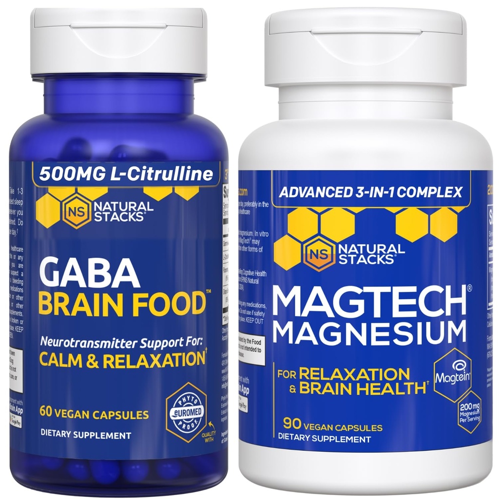 Natural Stacks Magtech Magnesium + GABA Brain Food Bundle - Supports Relaxation & Brain Health* - Calm Support* - 150 Total Capsules