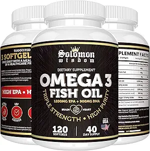 SOLOMON WISDOM Omega 3 鱼油 - 健康心脏和大脑的饮食补充 - 120 软胶盖,配有高EPA 1200mg & DHA 900mg - Burpless,配有天然柠檬火焰的无味