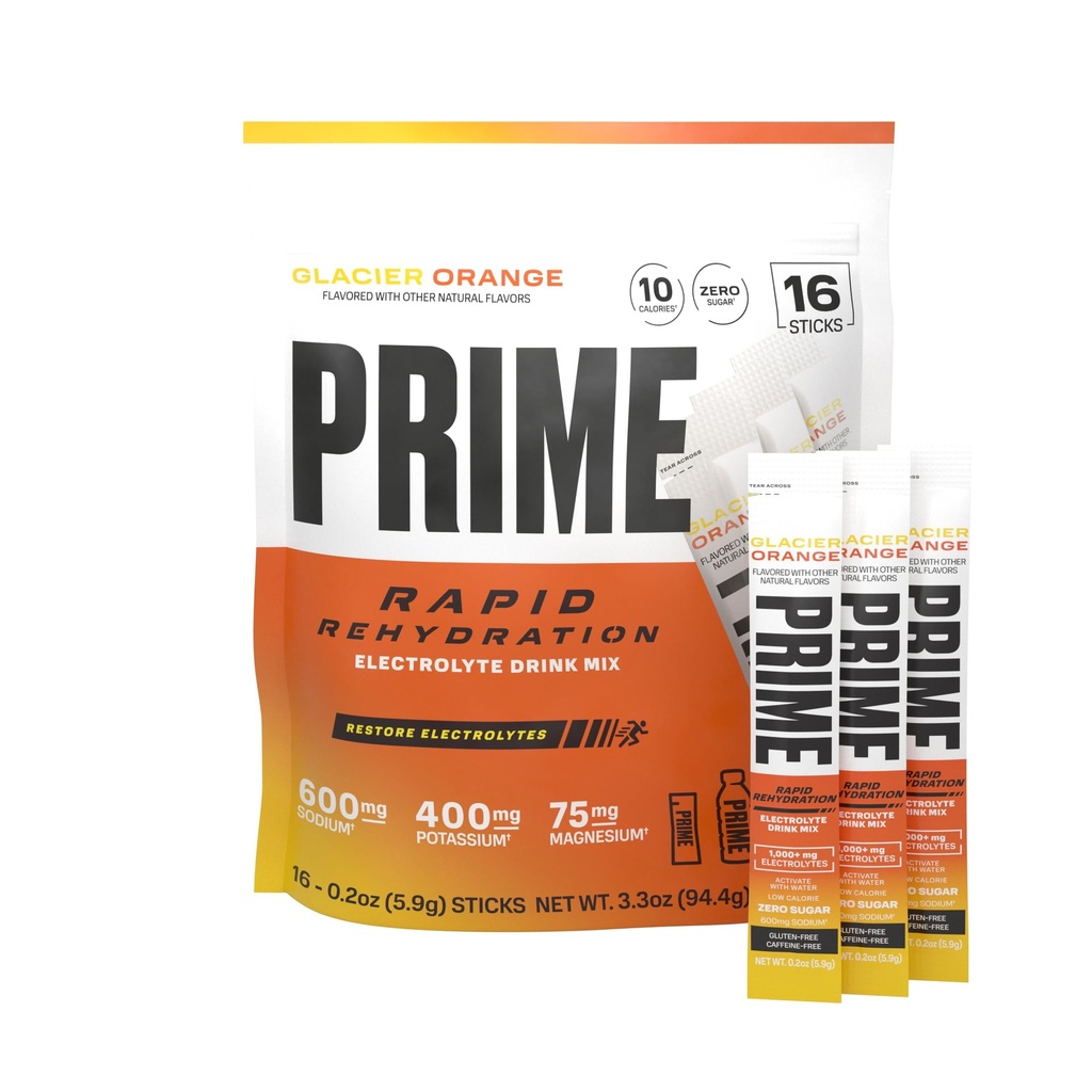 PRIME Rapid Rehydration Electrolyte Powder Sticks, Glacier Orange, Sugar Free Hydration Drink Mix with Sodium, Potassium, Magnesium & B Vitamins to Replenish Fluids, Caffeine Free, 16 Count