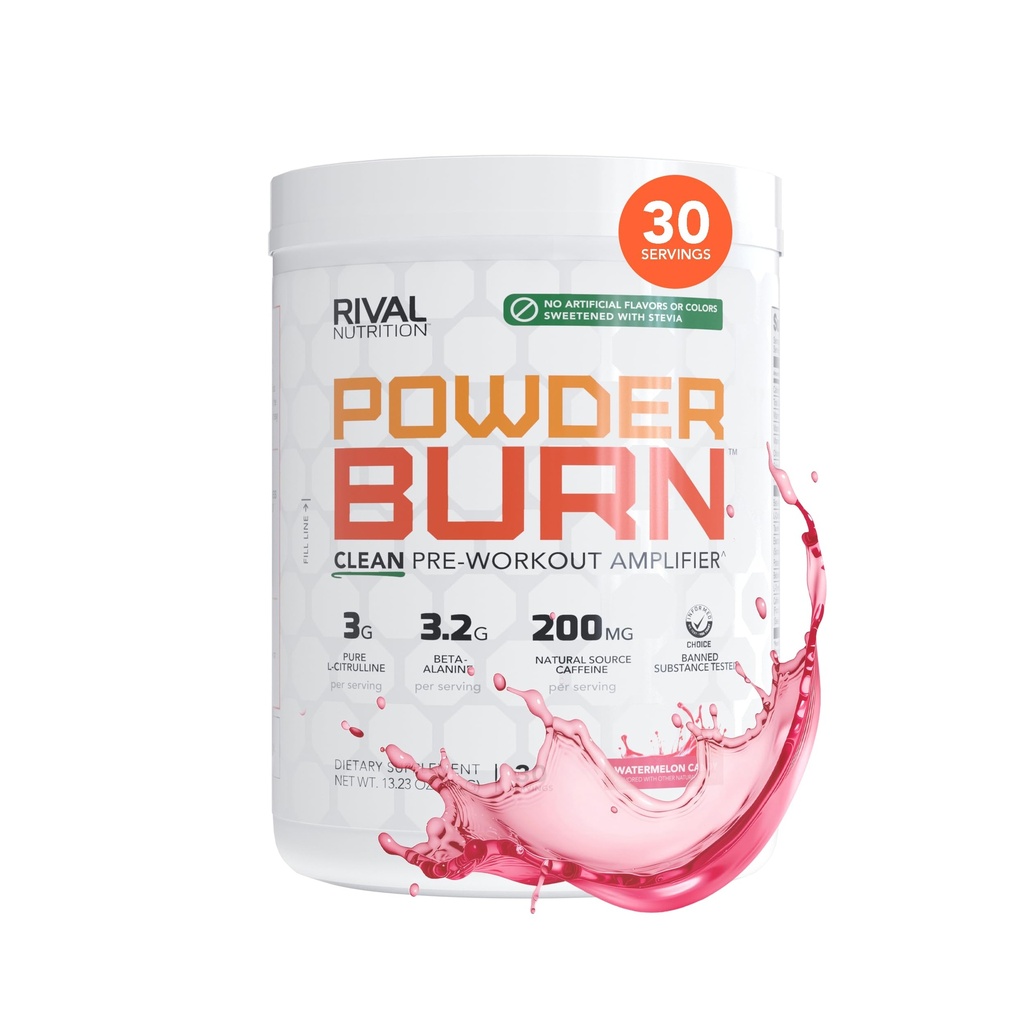 RIVAL NUTRITION Powder Burn Pre-Workout Energy Powder for Men and Women I Watermelon Candy, 30 Servings | Clean Ingredients I 3g L-Citrulline, 3.2g Beta-Alanine and 200mg Natural Caffeine Per Serving