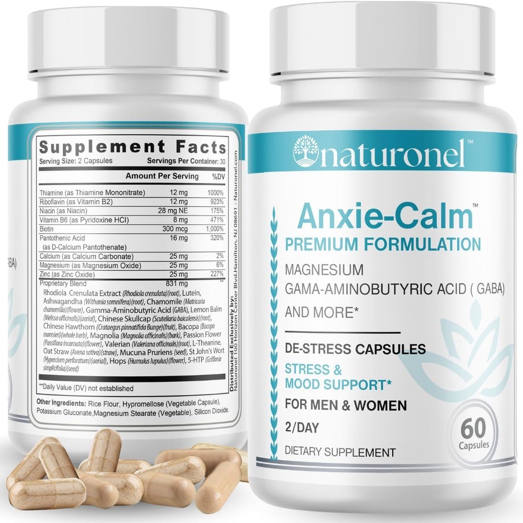 Anxie-Calm – Stress & Mood Support with Magnesium, GABA, Ashwagandha, Rhodiola, Lemon Balm & Chamomile | Advanced Dietary Supplement Formula | Non-GMO | Made in USA, GMP Certified (1)