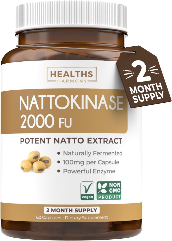 健康和谐 Nattokinase 2000 FU(非GMO) 强力 Nattokinase 增产自天然发酵的大豆-(2个月供应) 60 Vegan Natto Capsules