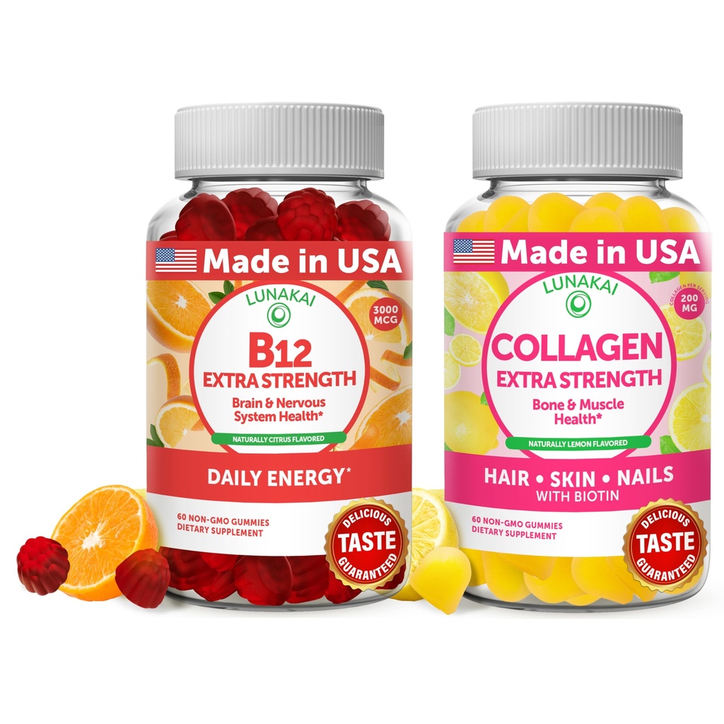 Lunakai维生素B12和Collagen Gummys Bundle - 3000 mcg 甲基Cobalamin 高吸收能 Gummys - 非GMO 抗衰老补充剂 供餐30天