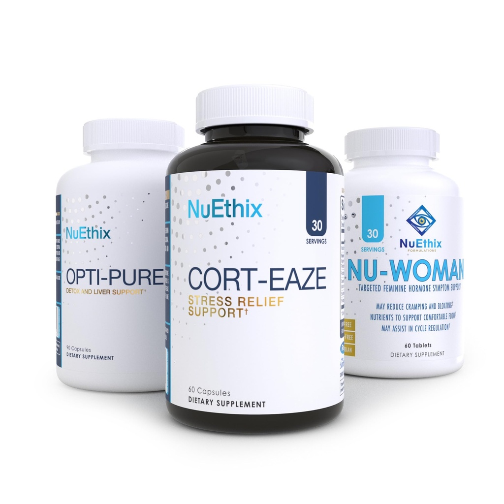 NuEthix Complete Women’s Health Bundle – Hormone, Detox, and Adrenal Support – Nu-Woman, Opti-Pure & Cort-Eaze