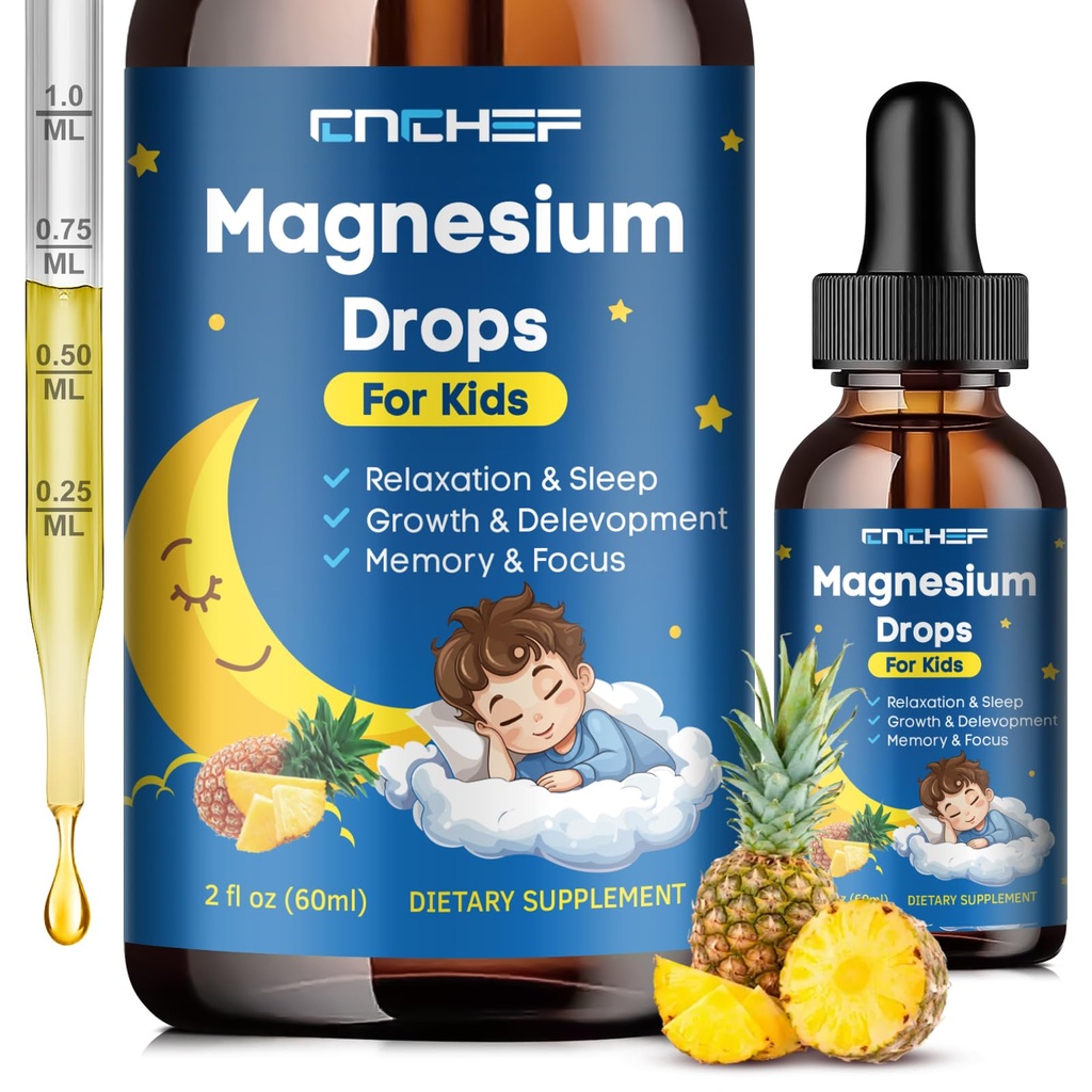 Magnesium Drops - Magnesium Glycinate Liquid Drops for Kids - Calm, Sleep, Relaxation, Bones, Brain Support with Vitamin B6, C, D3, Omega-3, L-Theanine, Zinc, Multivitamins - Pineapple Flavor 2 Fl Oz
