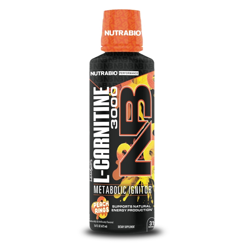NutraBio – L-Carnitine Liquid Shots – 3000mg, (Peach Rings) – 10mg of Vitamin B-5 – Zero Carbs & Sugars – Energy Production – Muscle Recovery