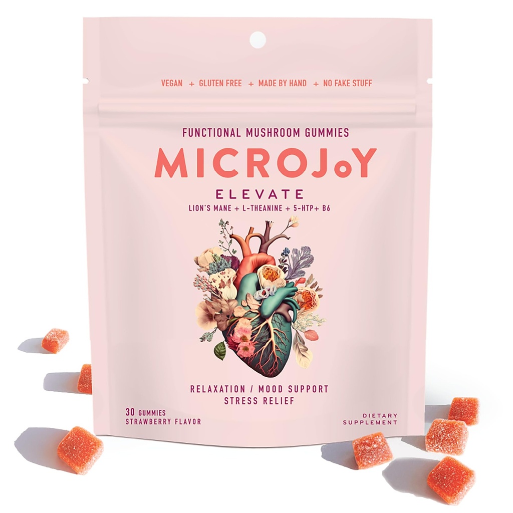 Microjoy Elevate – Mood Support, Relaxation & Stress Relief Gummies – with L-Theanine, Lion’s Mane, 5-HTP & B6 – Vegan, Non-GMO – 30ct – Strawberry