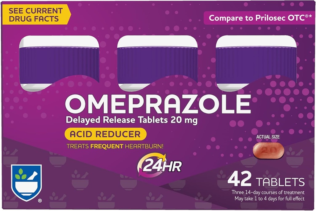 减酸剂(Rite Aid Acid) 减酸剂(Omeprazole) 延后释放药片 - 20毫克,3瓶,每瓶14个计数(共42个计数),不美味,心烧救济,心烧药,治疗频繁心烧