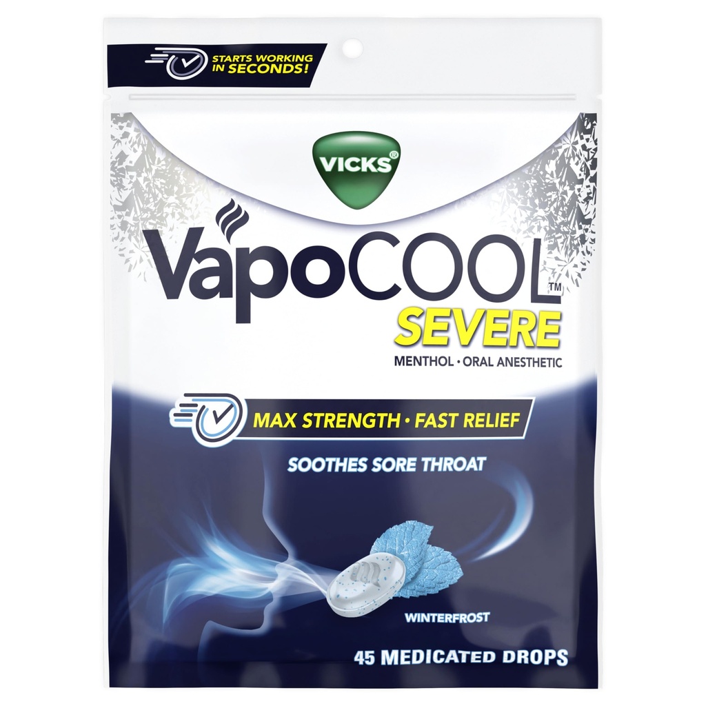 Vicks VapoCool 重药性喉咙滴药, Max 强性 Menthol, Soothes 酸性喉咙疼痛, Winterfrost Flavor, 45 ct