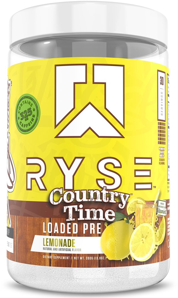 RYSE 加载的预工作粉 - 乡村时间柠檬汁 - 每日预工作,男女配有325mg咖啡因,Beta Alanine,以及Citrulline for Pump, Focus, and Energy - 30 services