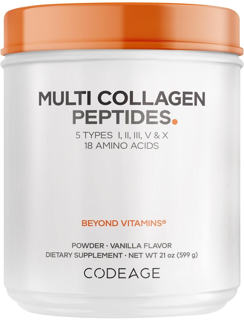 Codeage Multi Collagen Peptides Powder Vanilla - 5 Types I, II, III, V & X, 18 Amino Acids, Grass-Fed Hydrolyzed Bovine & Bone Broth Collagen Supplement - Vanilla-Flavored, Non-GMO - 21 oz