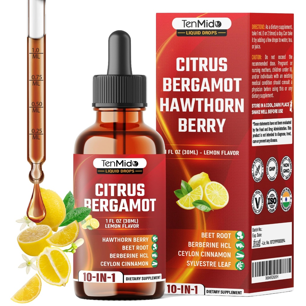 10in1 Citrus Bergamot Liquid Drops with Hawthorn Berry, Beet Root, Berberine HCl, Ceylon Cinnamon, Sylvestre, Turmeric Curcumin, Garlic, Ginger, and Dandelion - 30ml 1 Fl Oz
