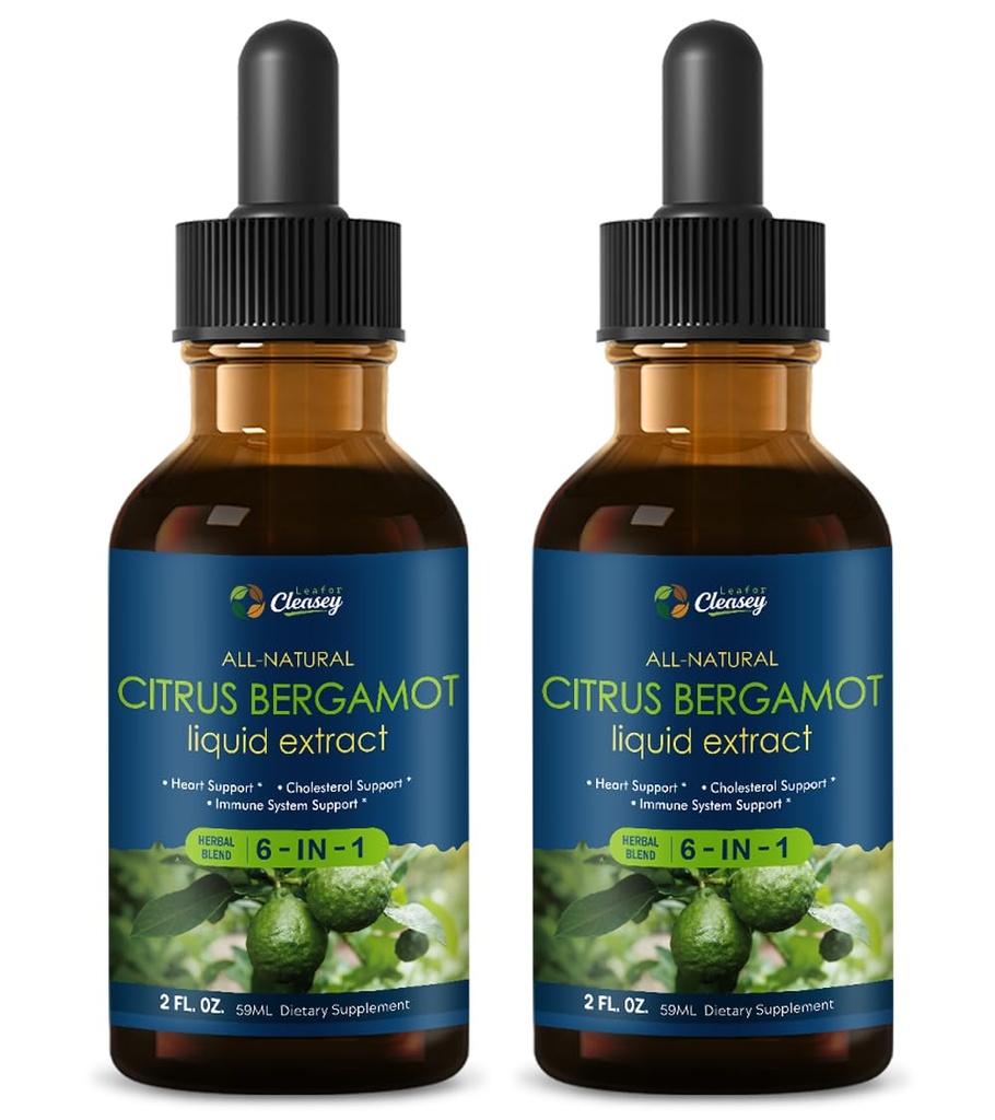 Citrus Bergamot Supplement Drops for High Cholesterol w/Red Yeast Rice CoQ10 Grape Seed, 4 Fl Oz High Absorption Liquid for Heart & Immune Support, Herbal Bergamot Extract Drops-2 Packs