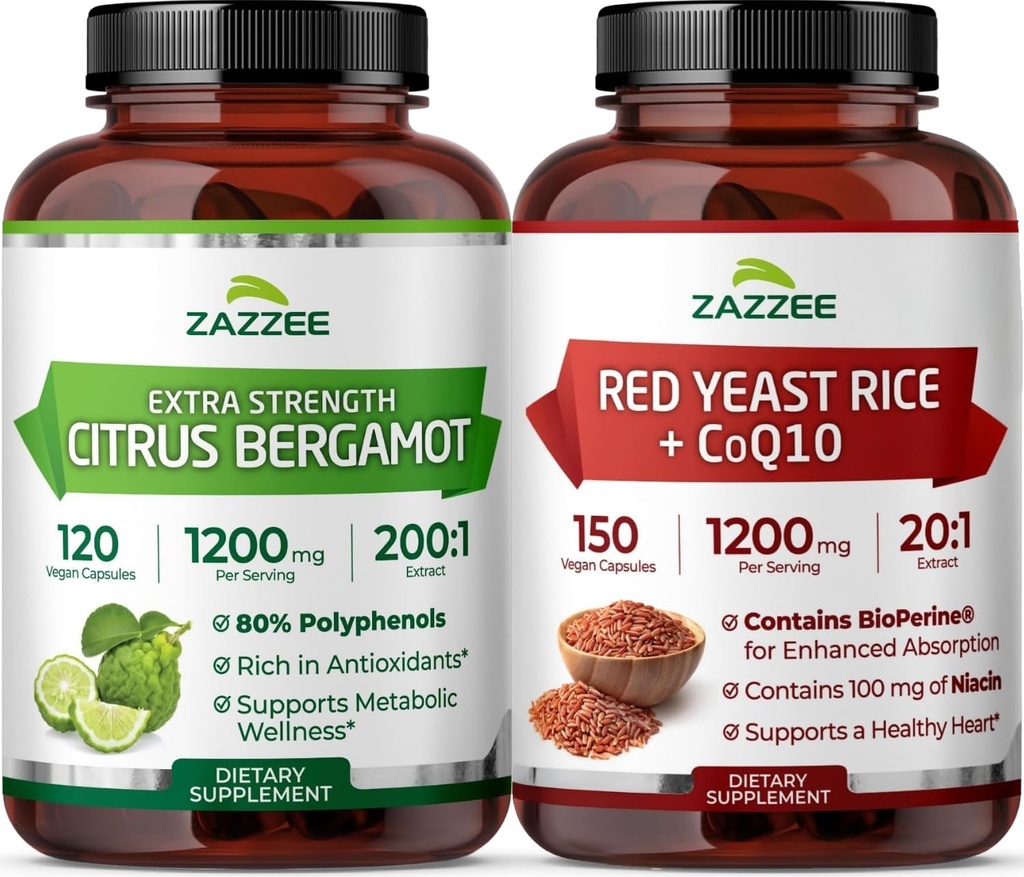Zazzee Herbal CardioVascu Support Bundle | Red Yeast Rice with CoQ10 & 200:1 Citrus Bergamot Capsules | Non-GMO Vegan & ISO Lab Tested