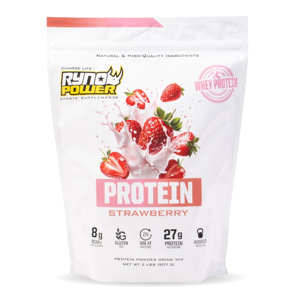 Ryno Power All Natural Whey Protein 2lb (20 Servings) 'Strawberry' - 100% Whey Protein Blend & No Fillers - Non GMO