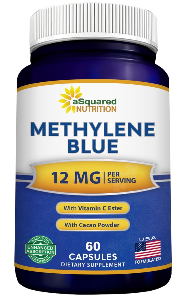 aSquared Nutrition Methylene Blue Capsules - Pharmaceutical Grade Supplement for Humans - 12mg Per Serving USP Grade - w/Vitamin C & Cacao Powder - Brain, Focus, Energy - Alt to Drops & Tablets