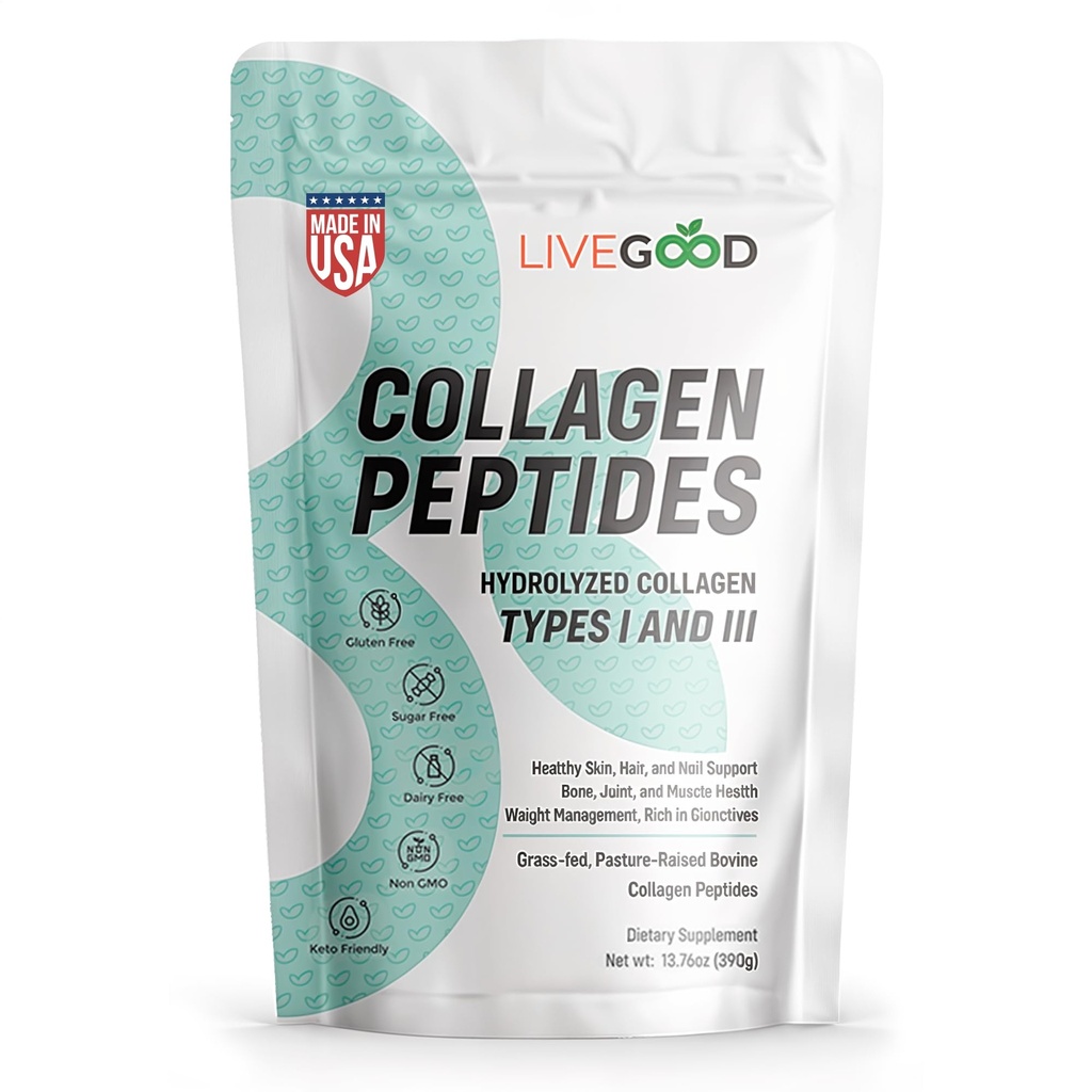LIVEGOOD Collagen Peptides Powder, Hydrolyzed Type I and III Collagen for Hair Skin Nails and Joints, Unflavored Grass-Fed Collagen Supplement for Mobility and Recovery (30 Servings)