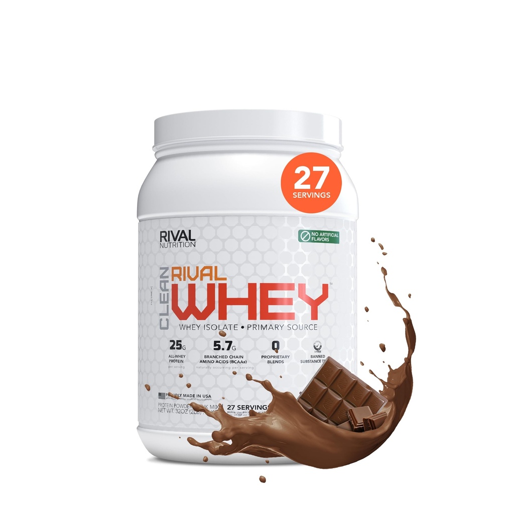 RIVAL NUTRITION Clean Rival Whey Pure Chocolate Protein Powder I Whey Isolate Primary Source I 2 Lb, 27 Servings I No Artificial Flavors or Colors I 25g Protein Per Scoop | Muscle Recovery
