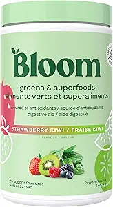 Bloom 营养超食品 绿皮粉 消化酶与Probiotics 和 Prebiotics, Gut Health, Bloating Relief for Women, Chlorella, Juice Mix with Beet Root Powder, 25 SVG, 草莓 Kiwi