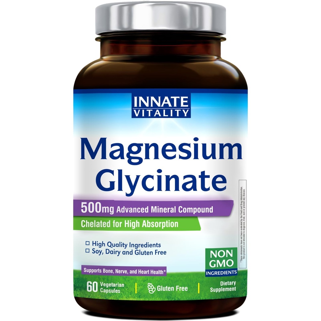 Innate Vitality Magnesium Glycinate 500mg | 70mg Elemental Magnesium Supplement - High Absorption, Non Buffered, Non-GMO & No Gluten - Vegan - Nerve Health - 60 Capsules (Pack of 1)