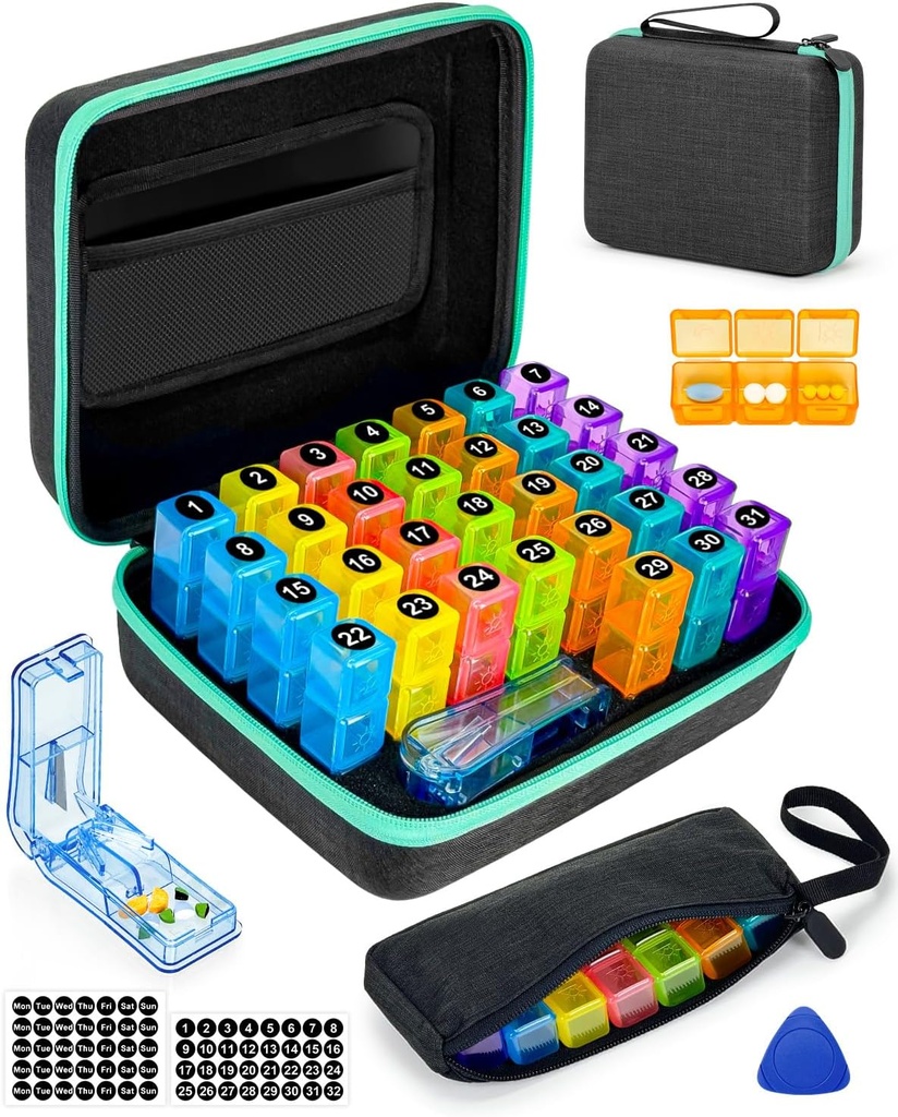药丸组织者月刊 3 Times a Days, Friwole Medicine Organizer Box with Portable Hard Shell and Pill Cutter, 31 Day Pill Box with Bond and Weekly Picker (3 Times a Day) 31日药丸组织者月刊 3 Times with Portable Hard Shell and Pill Cutter, 31日药丸组织者月刊和周刊贴纸 (3 Times aday)