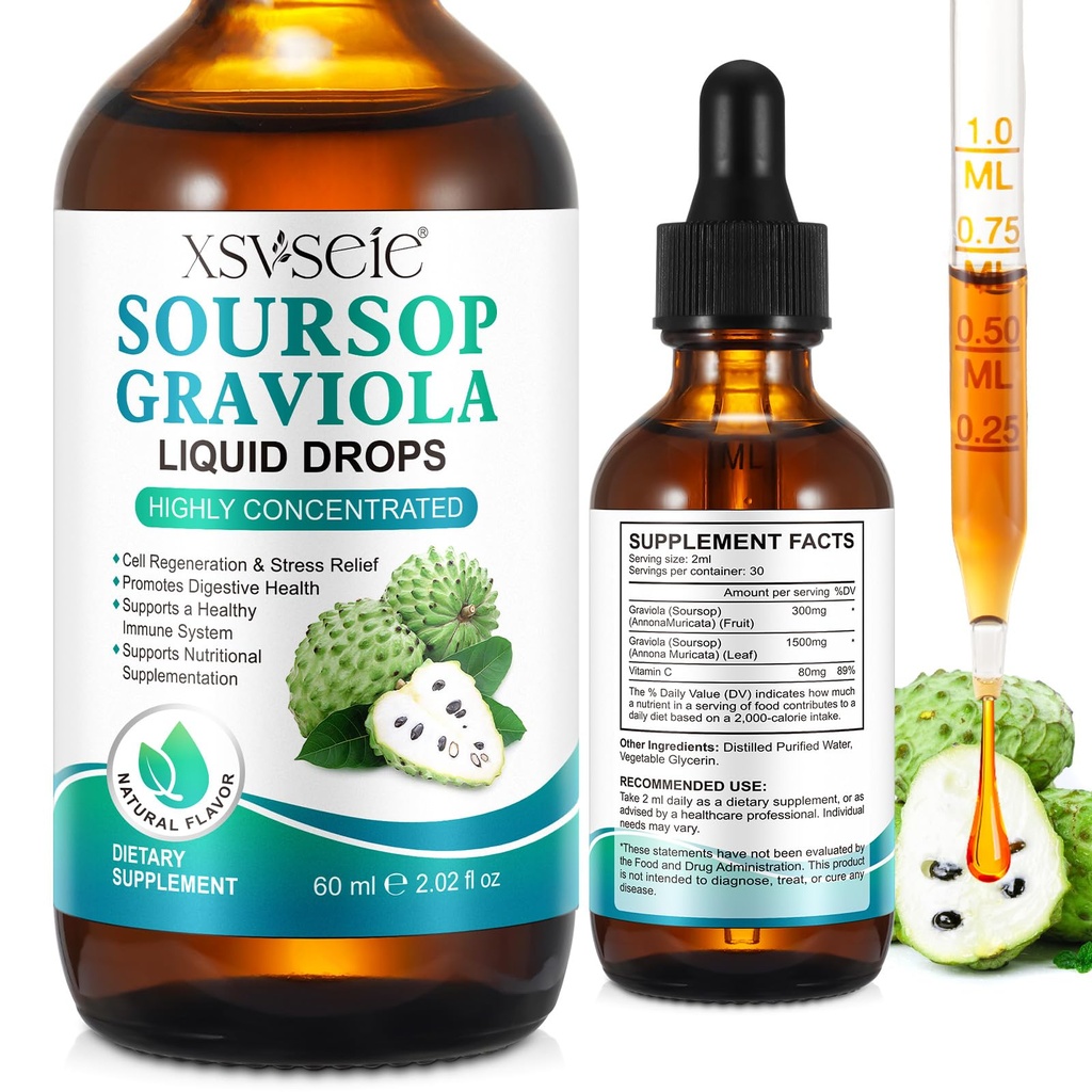 Soursop Graviola液滴、Soursop油用于支持和再生、Immune Boost、放松、肝脏和睡眠、Soursop Bitters液滴、Vegan、Sugar & Gluten Free、Natural Flavor,供男子和妇女使用