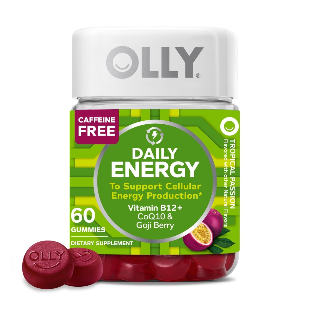 OLLY Daily Energy Gummy, Cafeine Free, 维生素B12, CoQ10, Goji Berry, 成人厨师补充品, 热带火焰 - 60 Counter